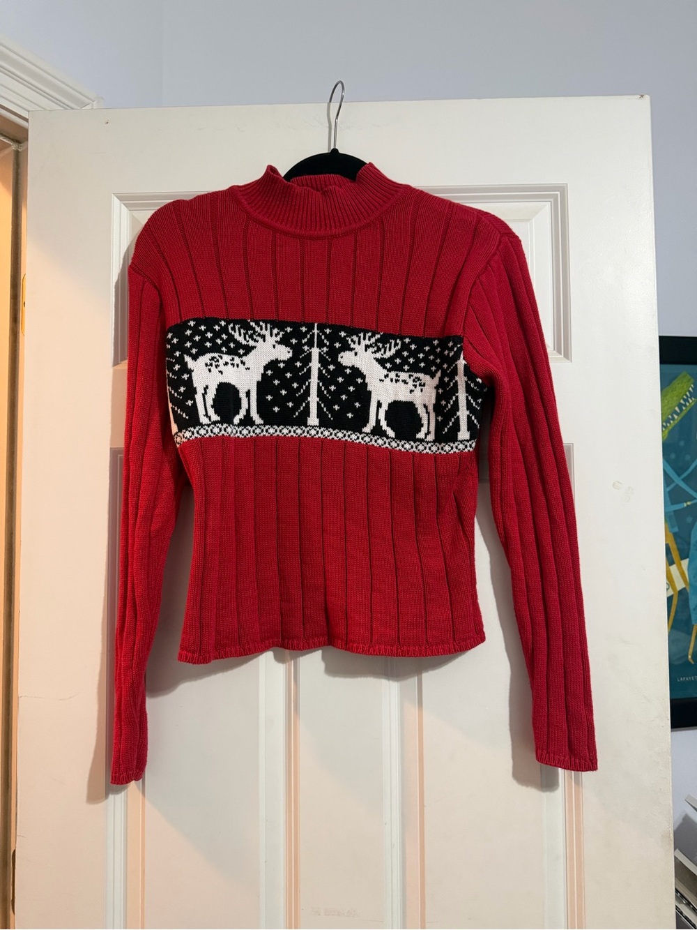 Copper Key Vintage Cotton Red Ribbed Mock-Neck Sweater with Reindeer Panel